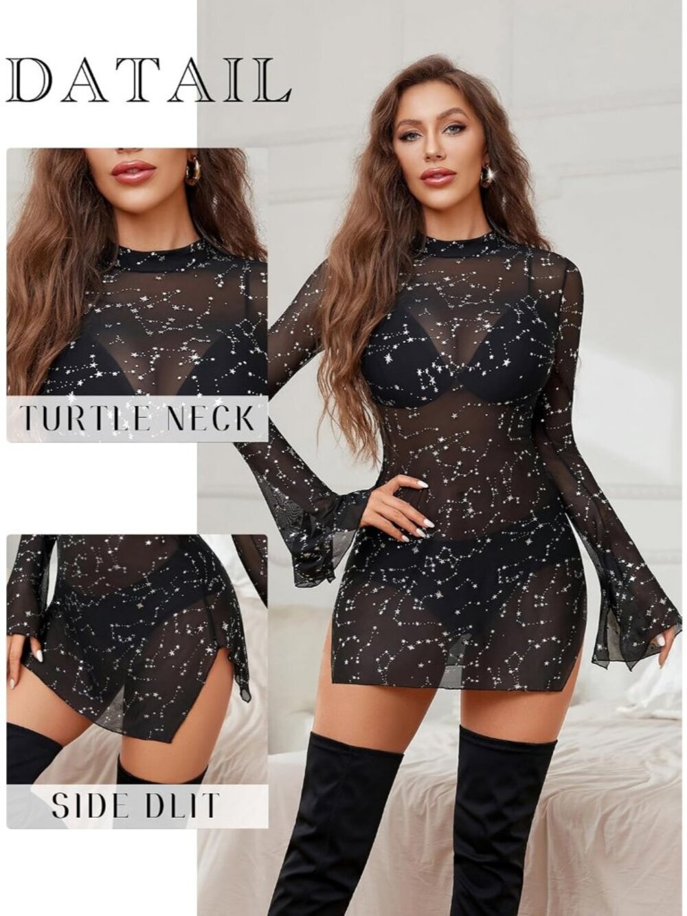 Women's Black Glitter Turtle Neck Long Sleeve Pull On Casual Bodycon Mini Dress - Picture 4 of 6